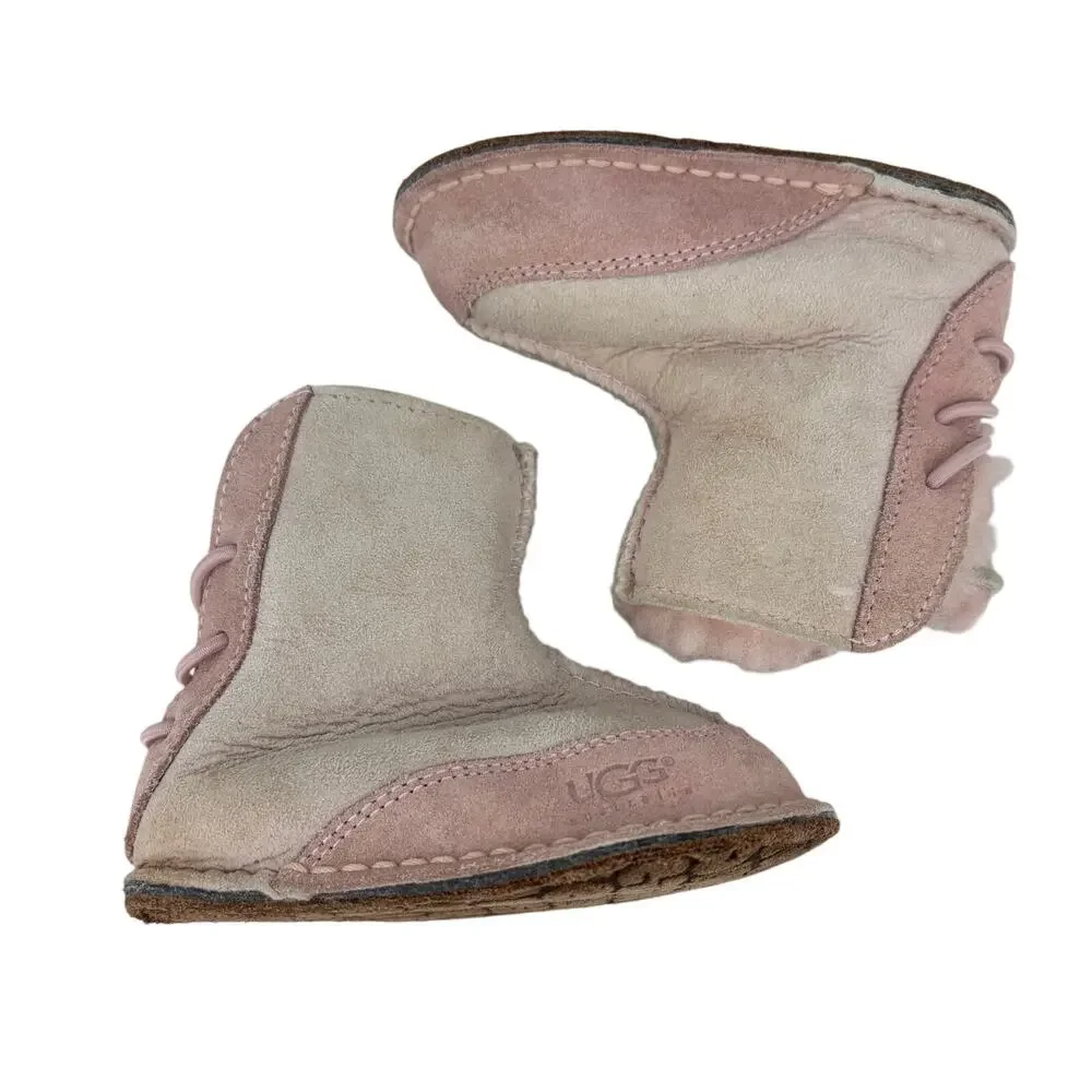 UGG Boo Boot Infant Size S Pink Cream Leather Sheepskin Lined Pull On Bootie